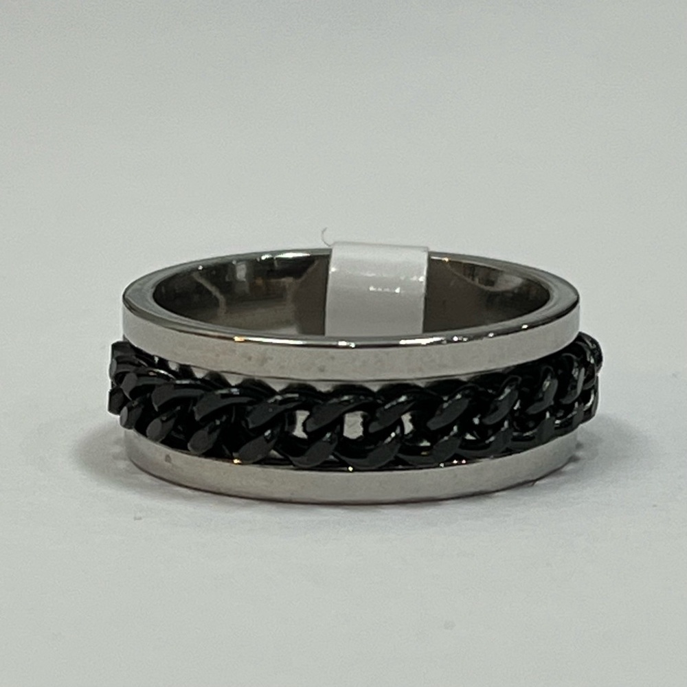 Stainless Steel Black Chain Spinner Fidget Ring Silver Tone Mens Size 9 Wedding